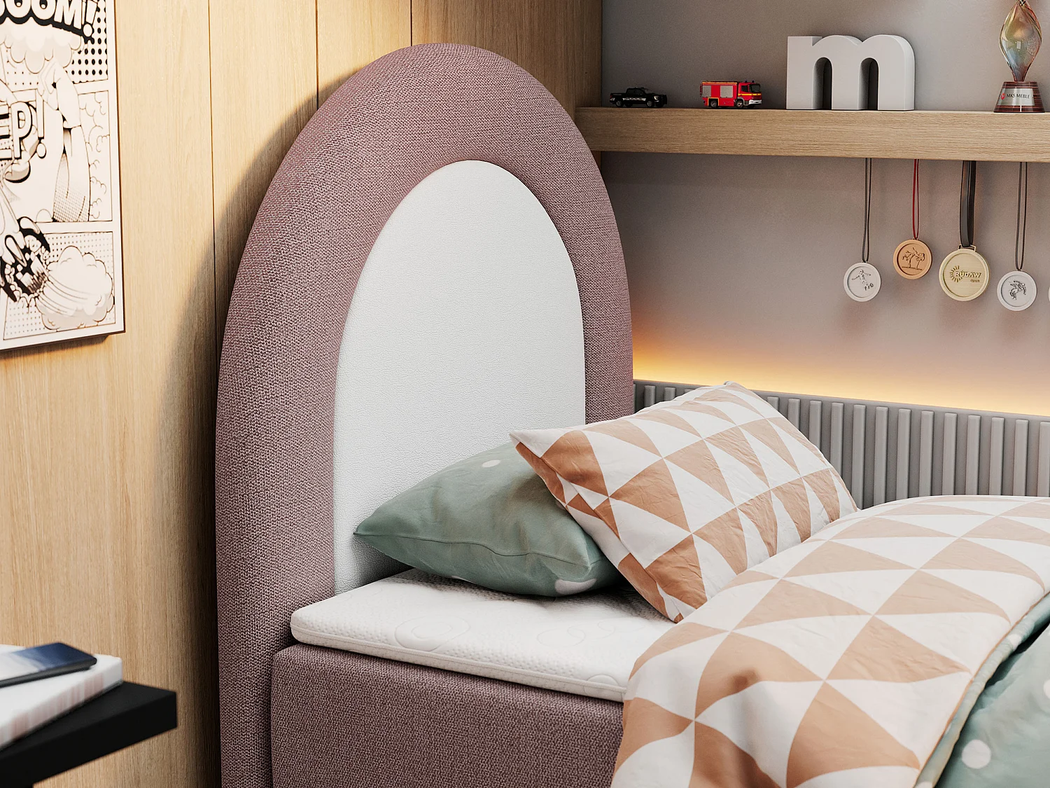 Kinderbett NEST - Boxspringbett für Kinder, mit hohem Kopfteil, Einzelbett mit Stauraum und Matratze - 90x180 cm - Rosa Strukture