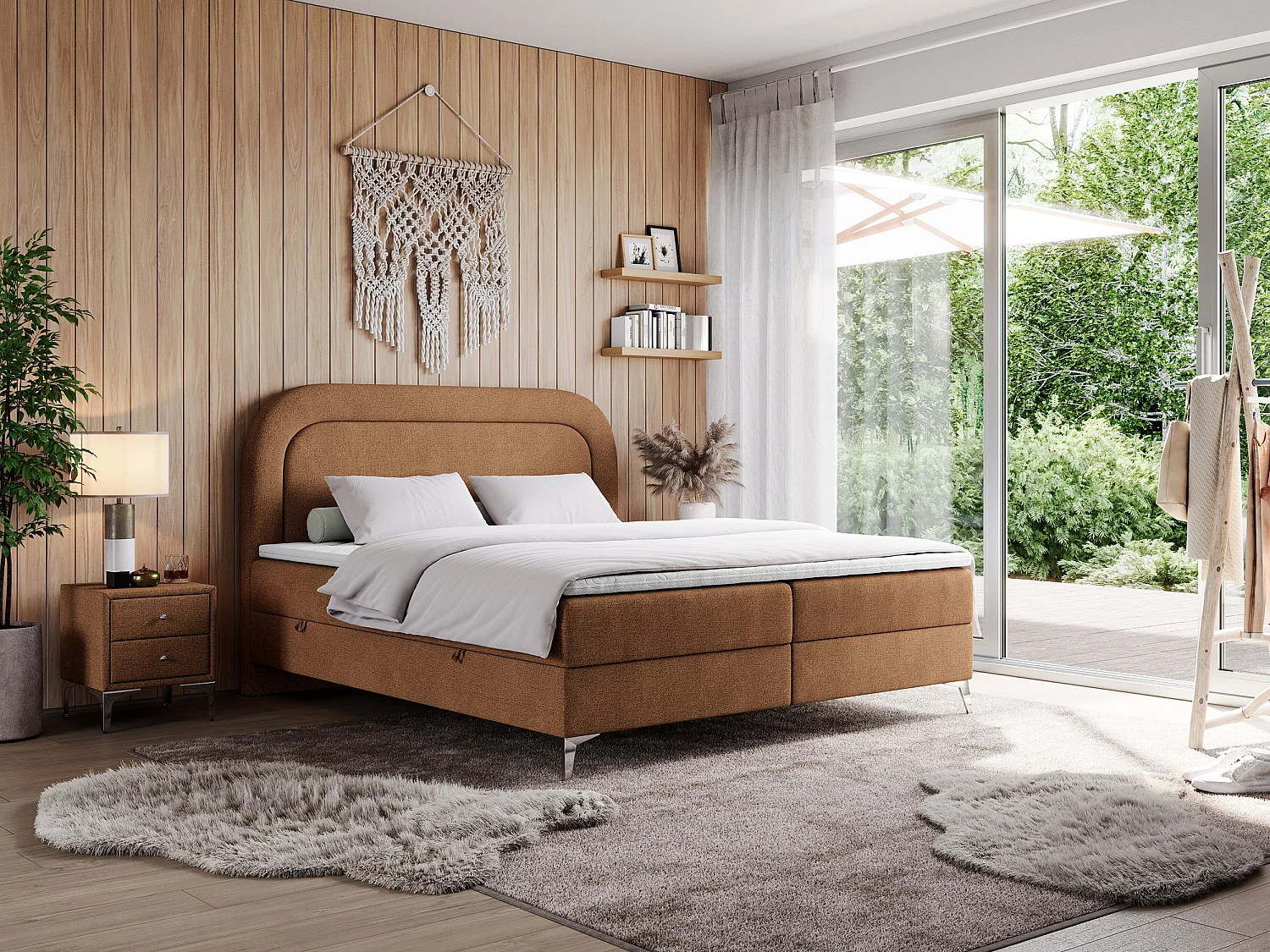 Boxspringbett EIRA - Polsterbett mit Stauraum, Set mit Kopfteil und Multipocket-Matratze, Metallbeine - 160x200 cm - H4 - Orange Strukture