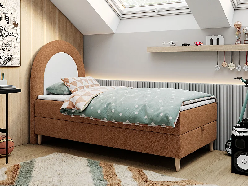 Kinderbett NEST - Boxspringbett für Kinder, mit hohem Kopfteil, Einzelbett mit Stauraum und Matratze - 90x180 cm - Orange Strukture