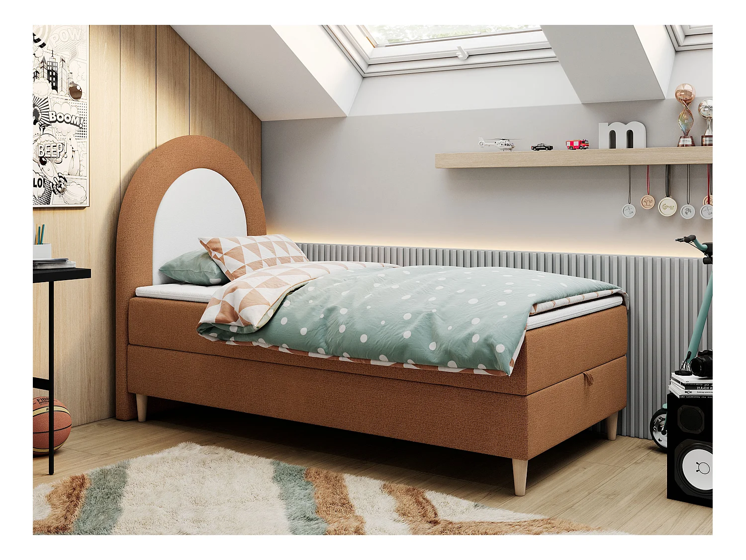 Kinderbett NEST - Boxspringbett für Kinder, mit hohem Kopfteil, Einzelbett mit Stauraum und Matratze - 90x180 cm - Orange Strukture