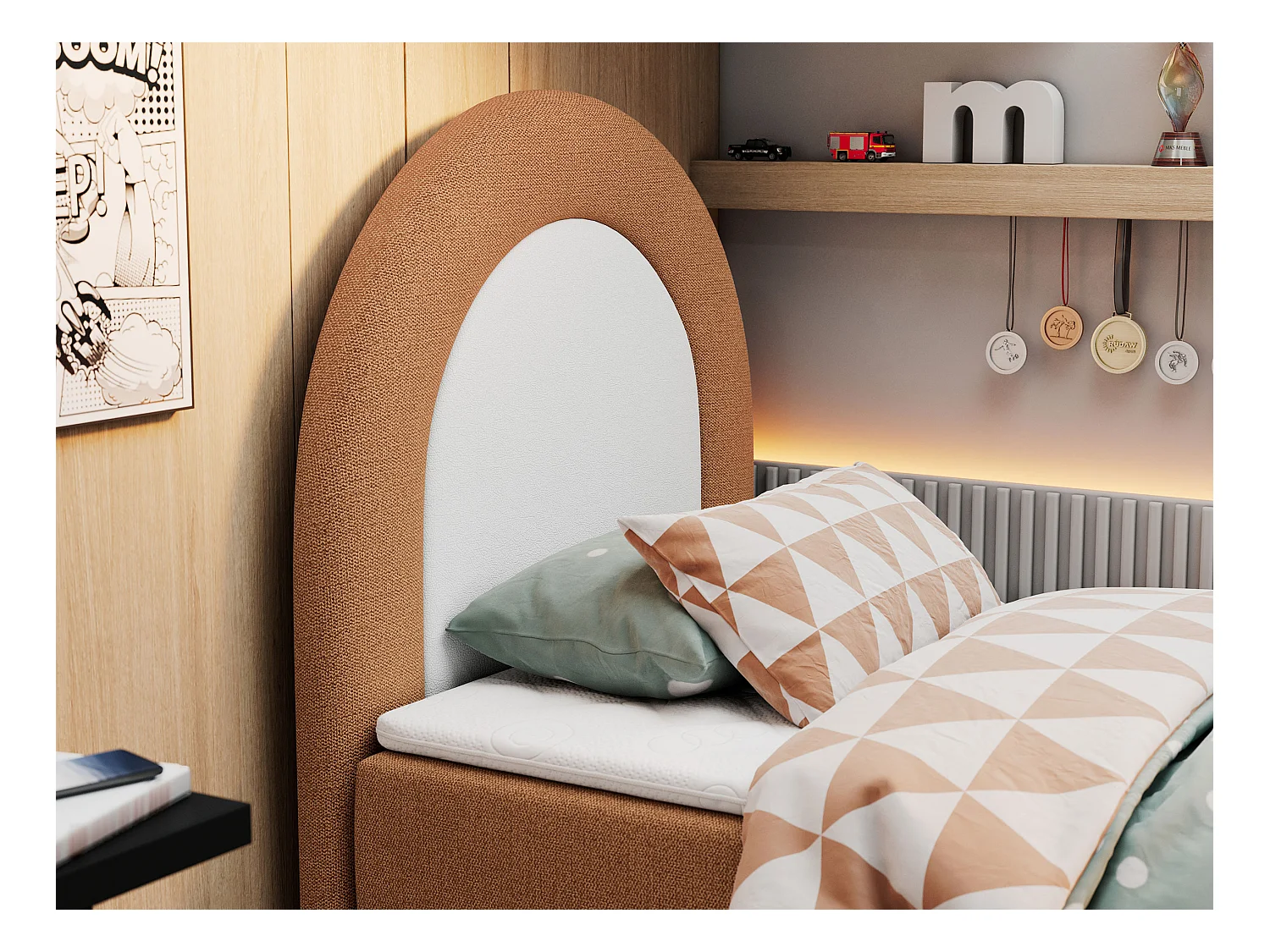 Kinderbett NEST - Boxspringbett für Kinder, mit hohem Kopfteil, Einzelbett mit Stauraum und Matratze - 90x180 cm - Orange Strukture