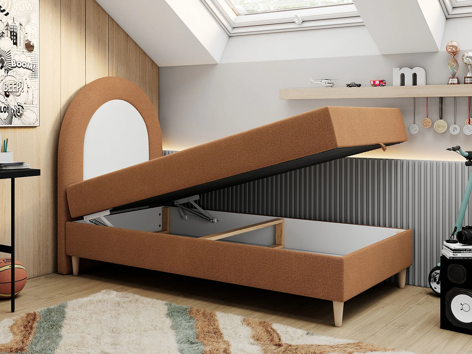 Kinderbett NEST - Boxspringbett für Kinder, mit hohem Kopfteil, Einzelbett mit Stauraum und Matratze - 90x180 cm - Orange Strukture