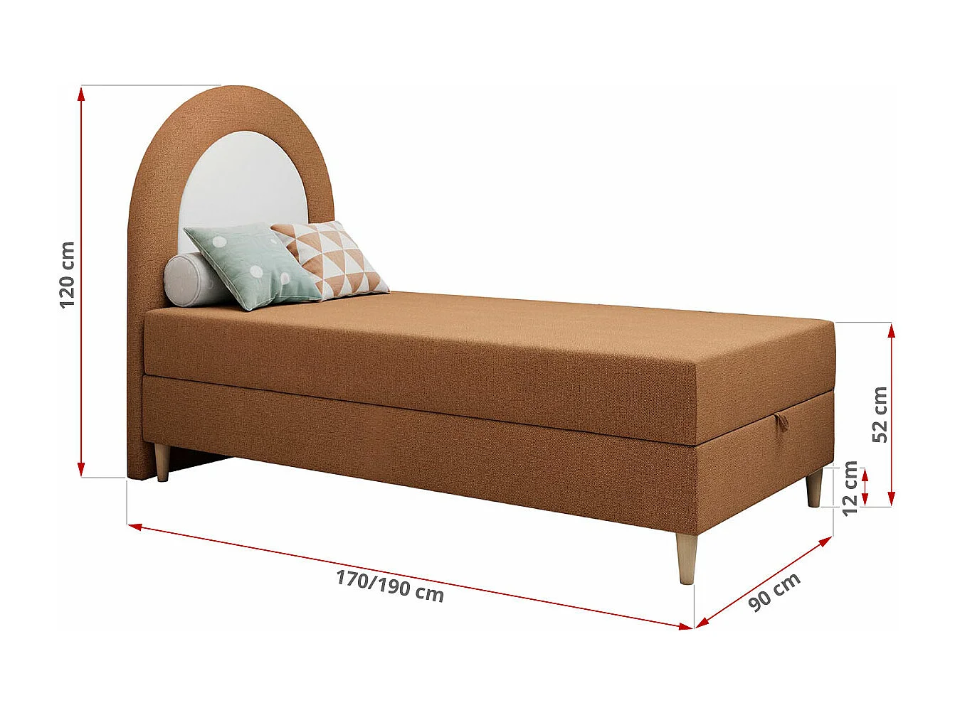 Kinderbett NEST - Boxspringbett für Kinder, mit hohem Kopfteil, Einzelbett mit Stauraum und Matratze - 90x180 cm - Orange Strukture