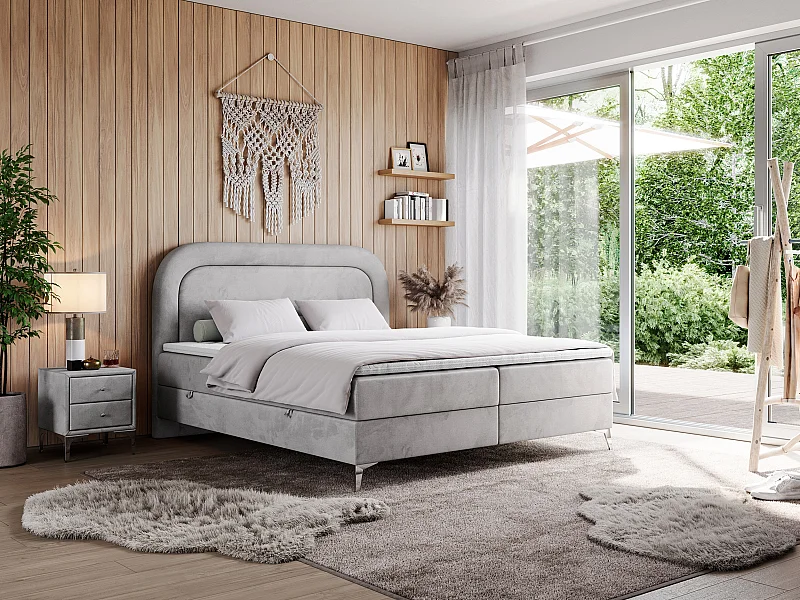 Boxspringbett EIRA - Polsterbett mit Stauraum, Set mit Kopfteil und Multipocket-Matratze, Metallbeine - 200x200 cm - H4 - Hellgrau Velvet