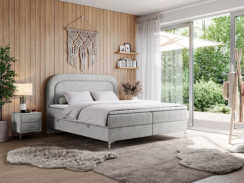 Boxspringbett EIRA - Polsterbett mit Stauraum, Set mit Kopfteil und Multipocket-Matratze, Metallbeine - 120x200 cm - H3 - Hellgrau Strukture