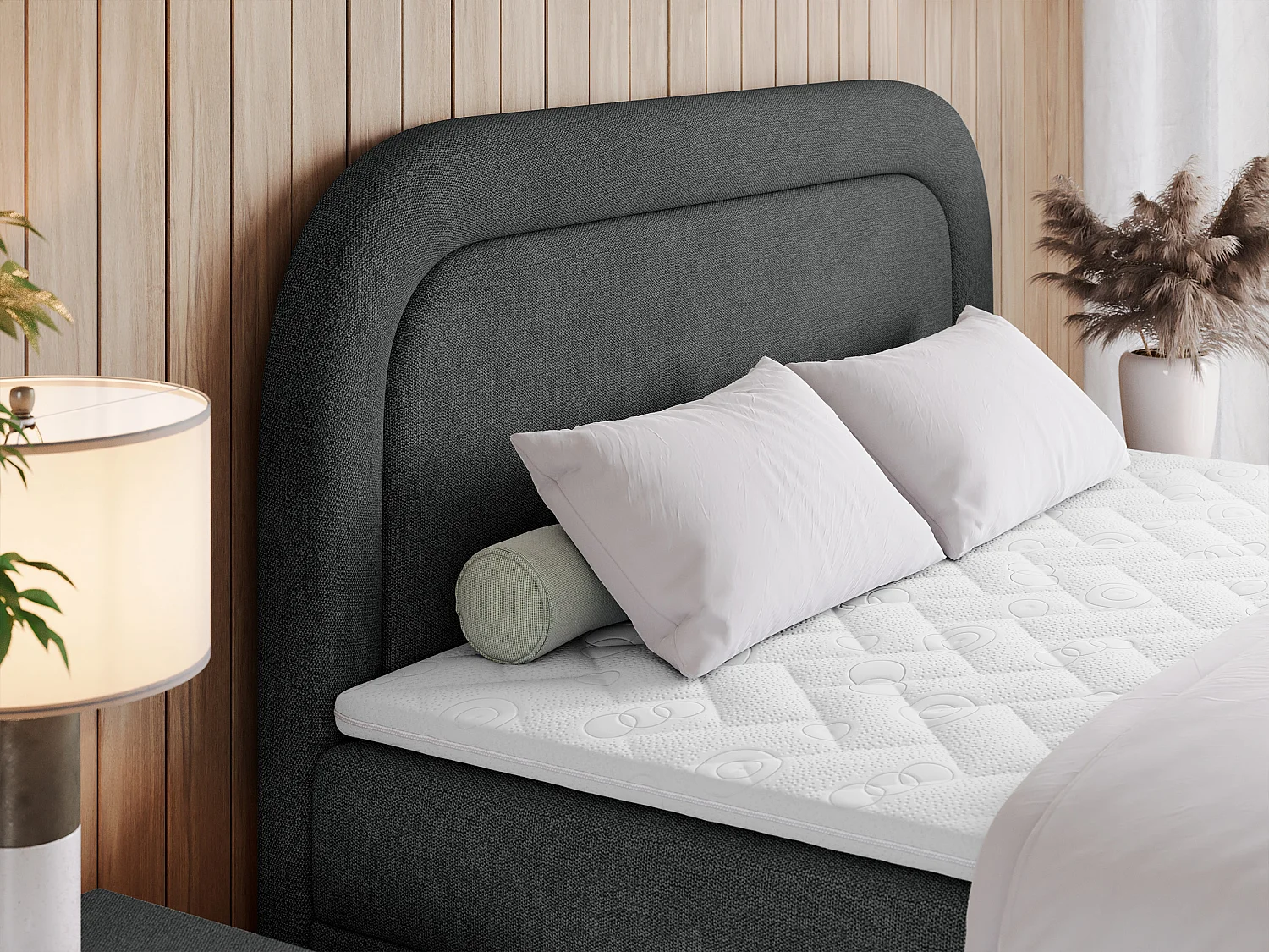 Boxspringbett EIRA - Polsterbett mit Stauraum, Set mit Kopfteil und Multipocket-Matratze, Metallbeine - 140x200 cm - H4 - Dunkelgrau Strukture