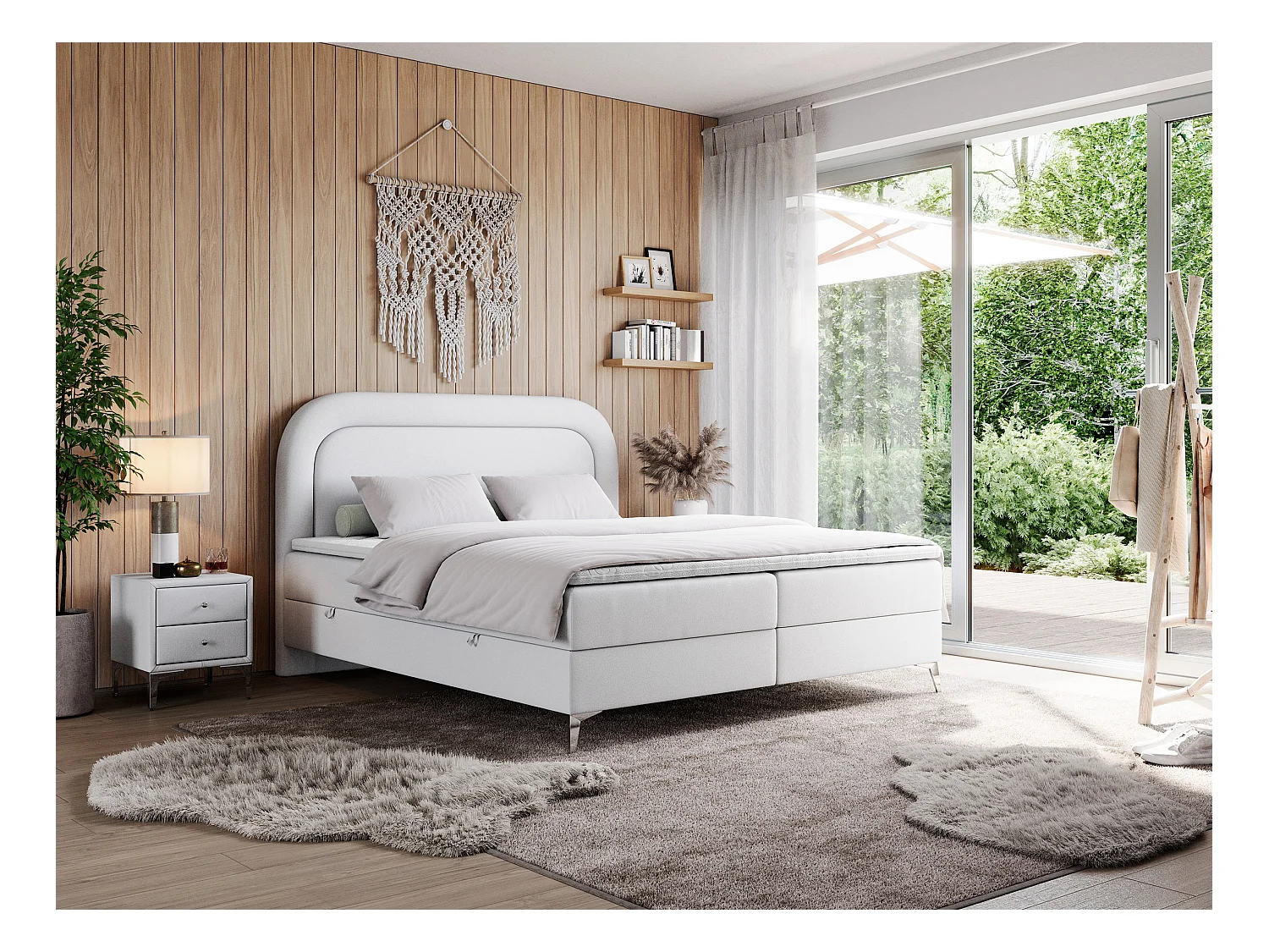 Boxspringbett EIRA - Polsterbett mit Stauraum, Set mit Kopfteil und Multipocket-Matratze, Metallbeine - 180x200 cm - H3 - Weiß Kunstleder