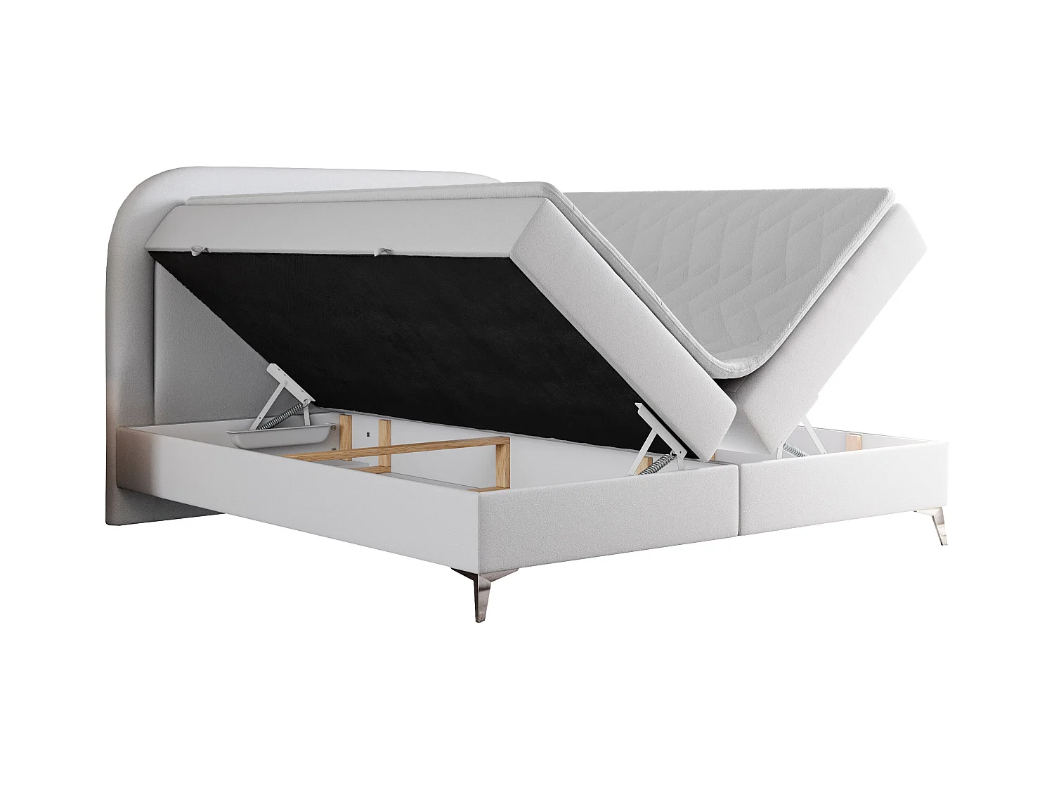 Boxspringbett EIRA - Polsterbett mit Stauraum, Set mit Kopfteil und Multipocket-Matratze, Metallbeine - 180x200 cm - H3 - Weiß Kunstleder