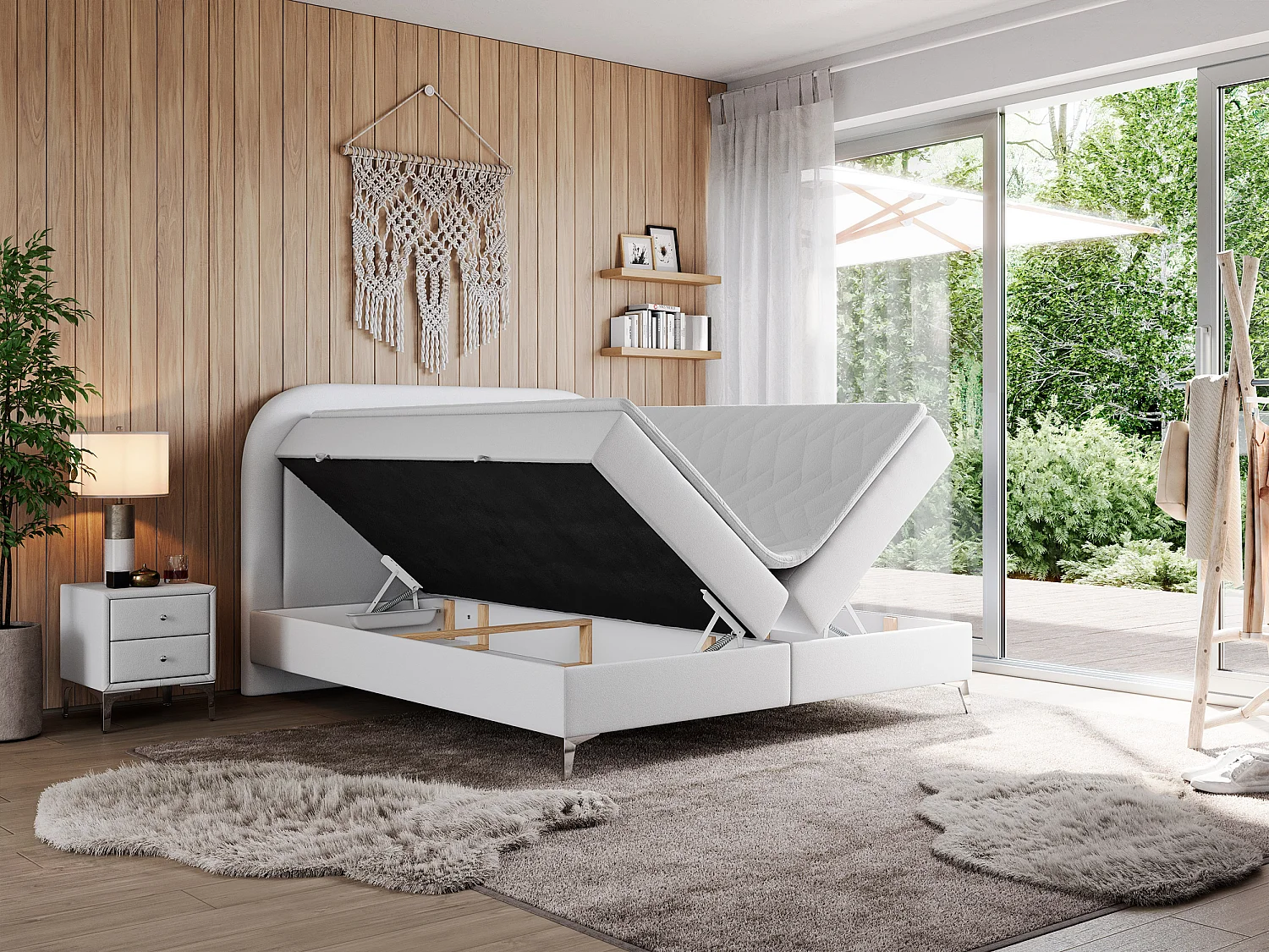 Boxspringbett EIRA - Polsterbett mit Stauraum, Set mit Kopfteil und Multipocket-Matratze, Metallbeine - 180x200 cm - H3 - Weiß Kunstleder