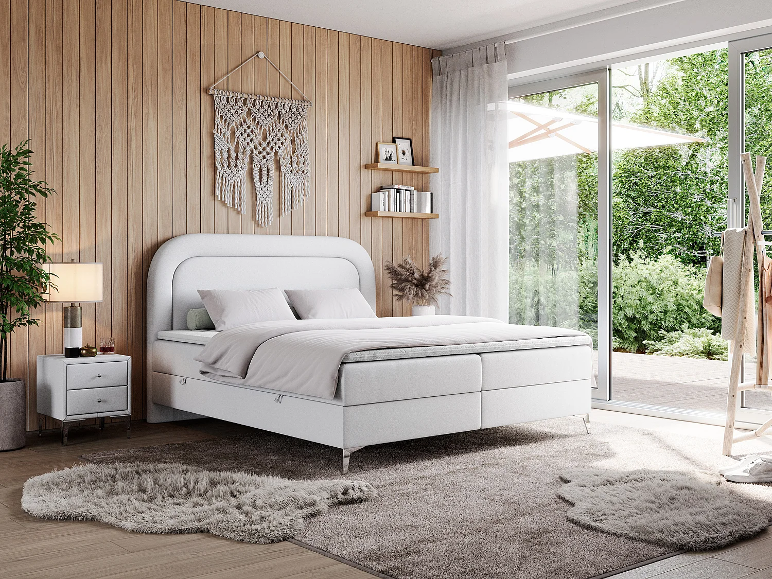 Boxspringbett EIRA - Polsterbett mit Stauraum, Set mit Kopfteil und Multipocket-Matratze, Metallbeine - 200x200 cm - H4 - Weiß Kunstleder