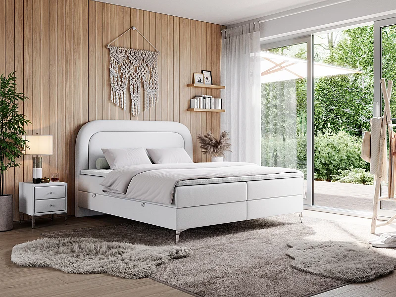 Boxspringbett EIRA - Polsterbett mit Stauraum, Set mit Kopfteil und Multipocket-Matratze, Metallbeine - 200x200 cm - H4 - Weiß Kunstleder