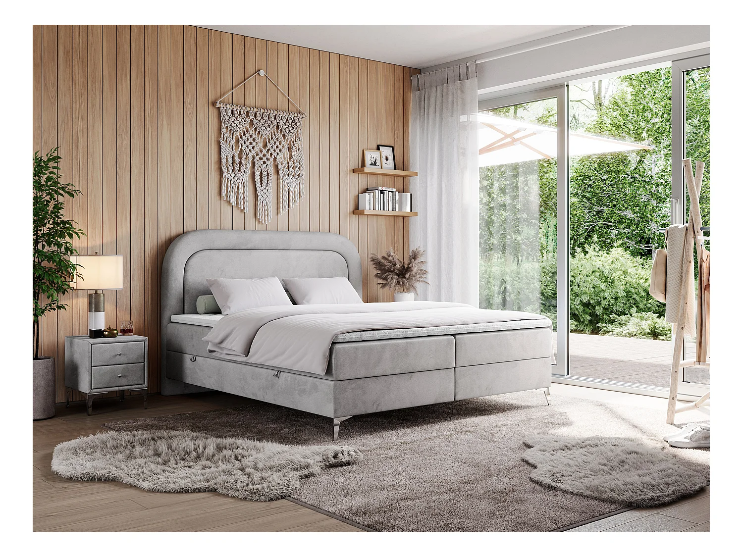 Boxspringbett EIRA - Polsterbett mit Stauraum, Set mit Kopfteil und Multipocket-Matratze, Metallbeine - 160x200 cm - H4 - Hellgrau Velvet