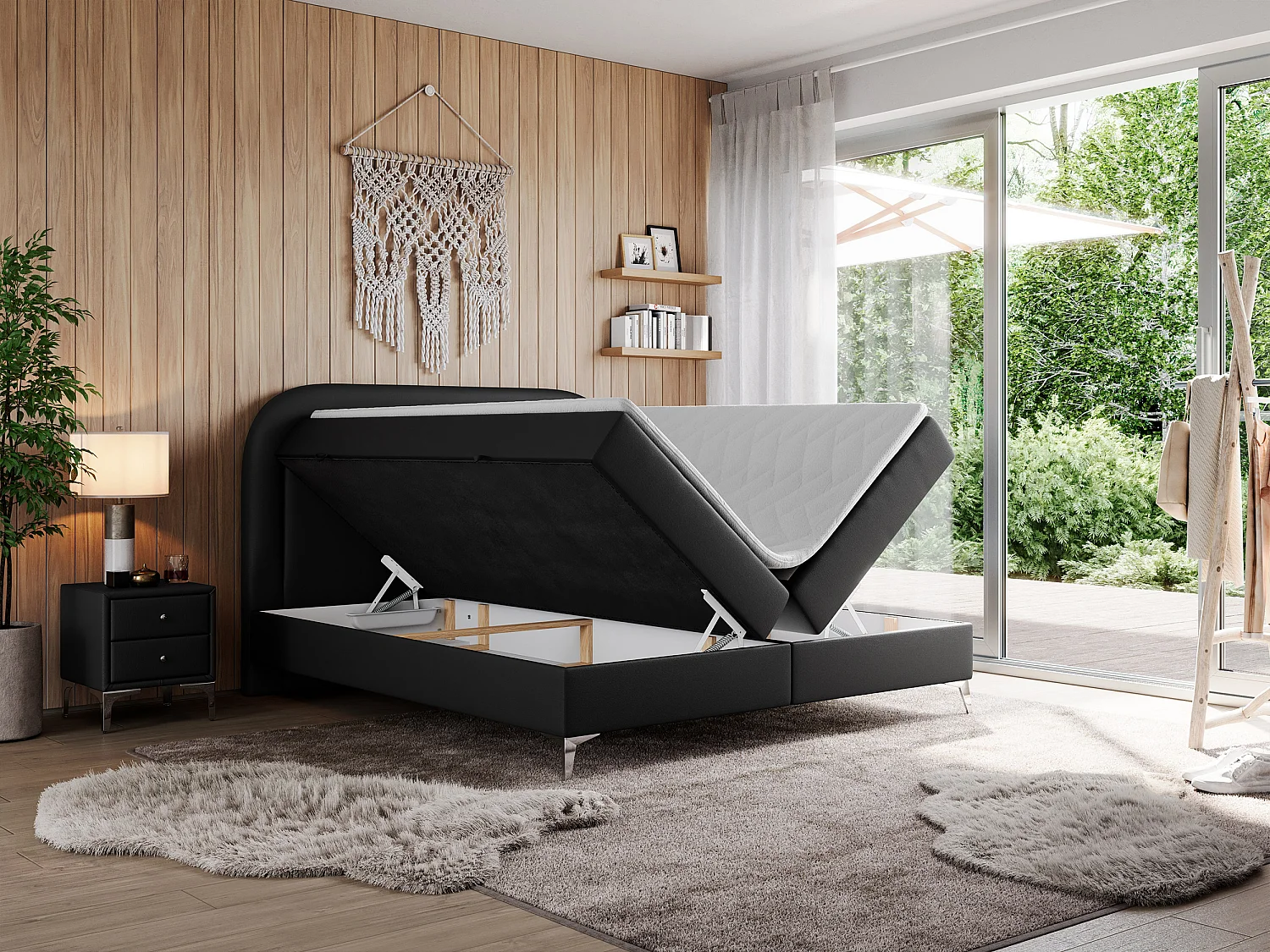 Boxspringbett EIRA - Polsterbett mit Stauraum, Set mit Kopfteil und Multipocket-Matratze, Metallbeine - 140x200 cm - H4 - Schwarz Kunstleder