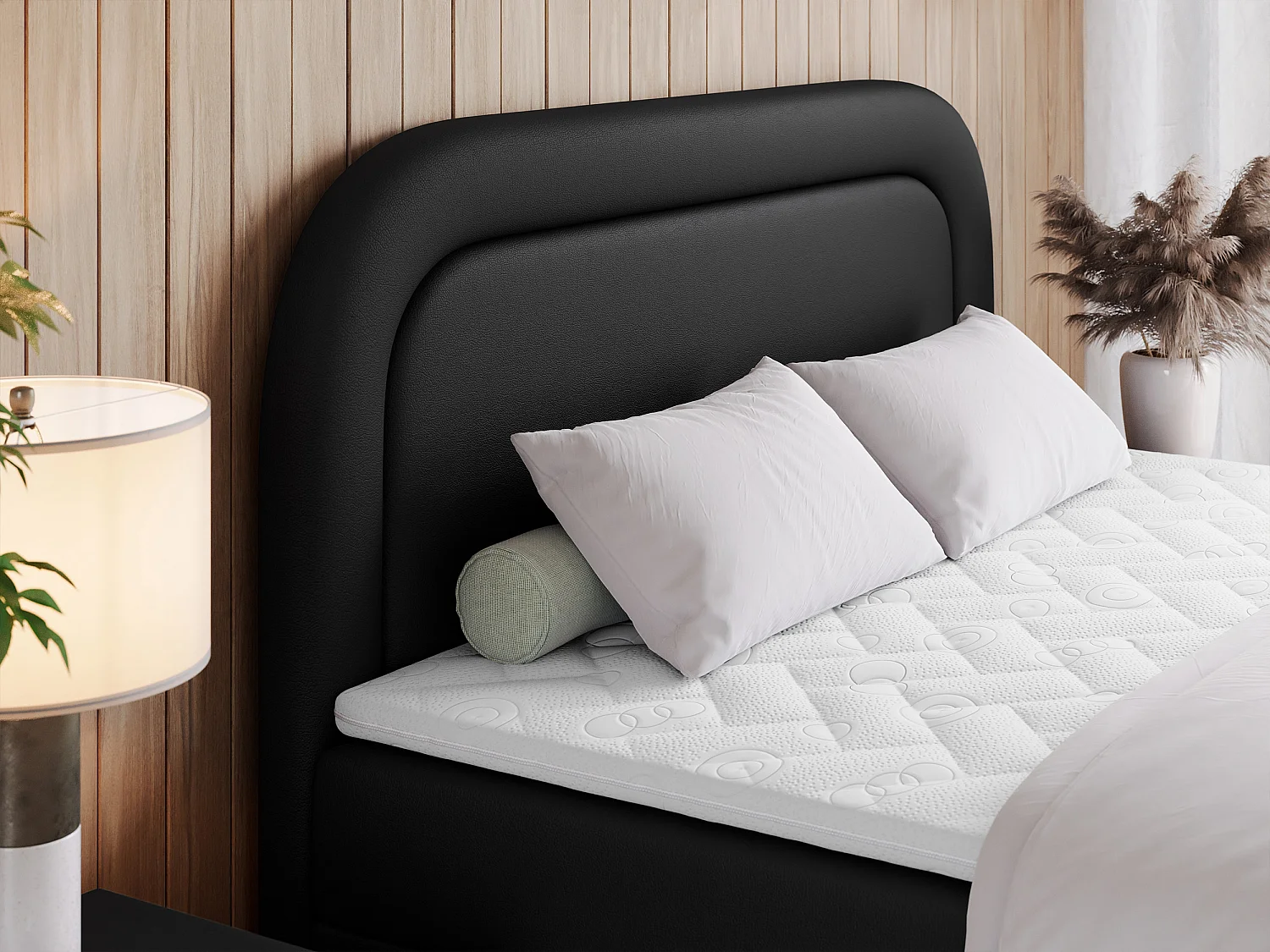 Boxspringbett EIRA - Polsterbett mit Stauraum, Set mit Kopfteil und Multipocket-Matratze, Metallbeine - 140x200 cm - H4 - Schwarz Kunstleder