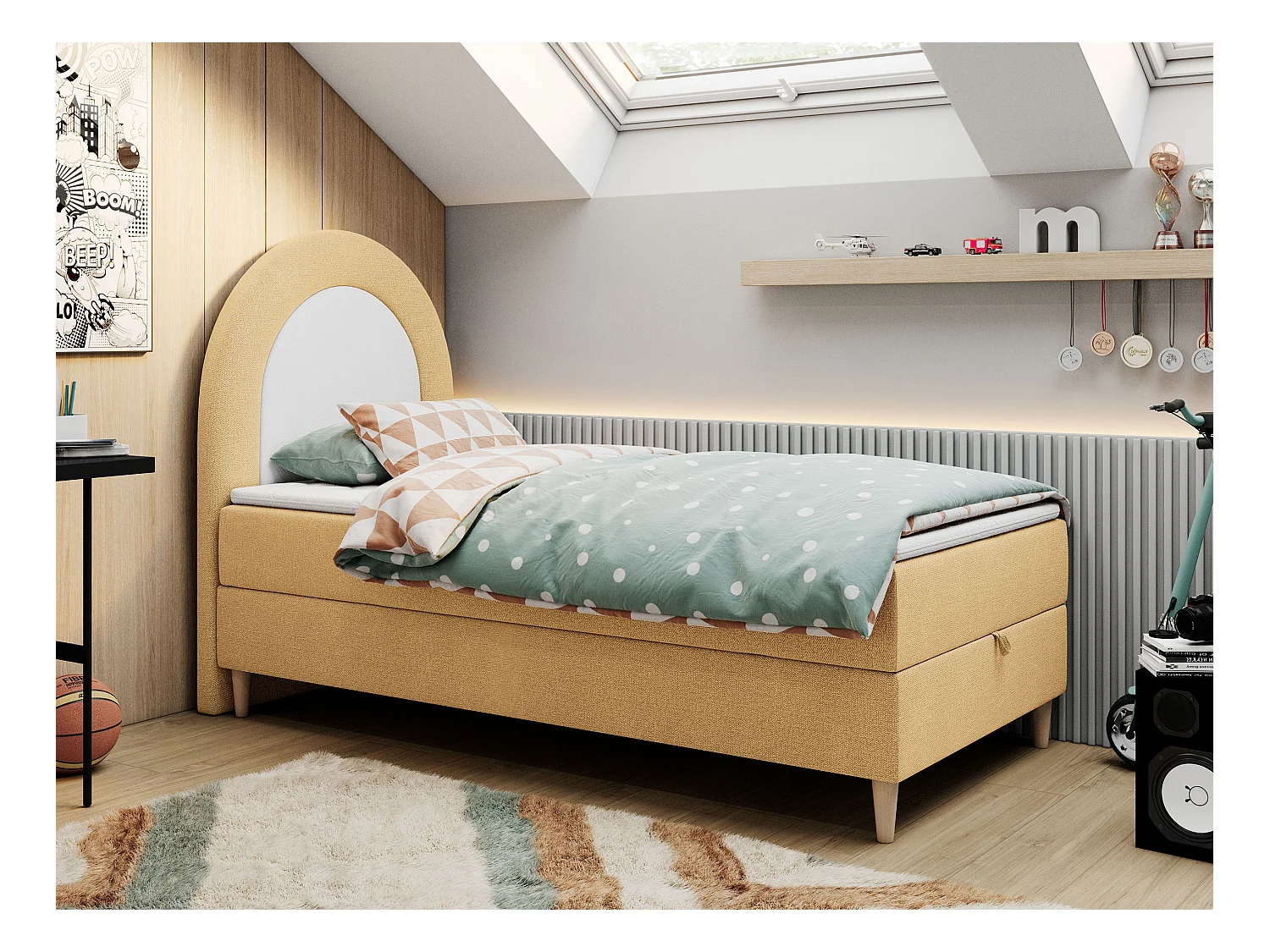 Kinderbett NEST - Boxspringbett für Kinder, mit hohem Kopfteil, Einzelbett mit Stauraum und Matratze - 90x180 cm - Gelb Strukture