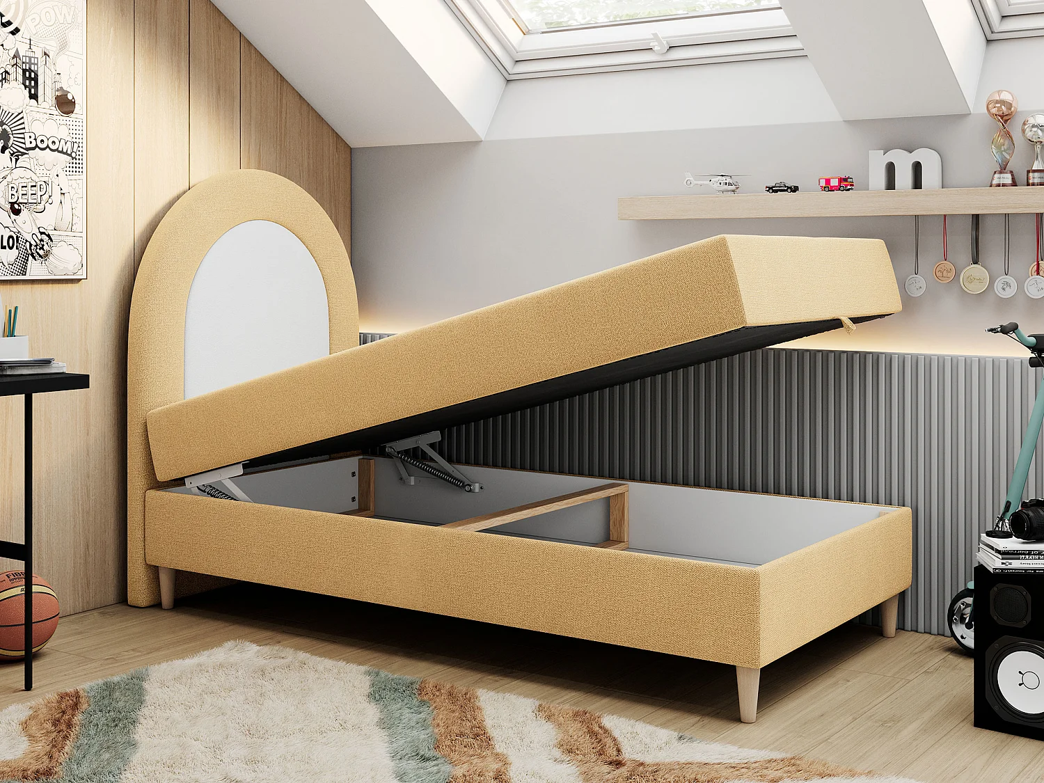 Kinderbett NEST - Boxspringbett für Kinder, mit hohem Kopfteil, Einzelbett mit Stauraum und Matratze - 90x180 cm - Gelb Strukture