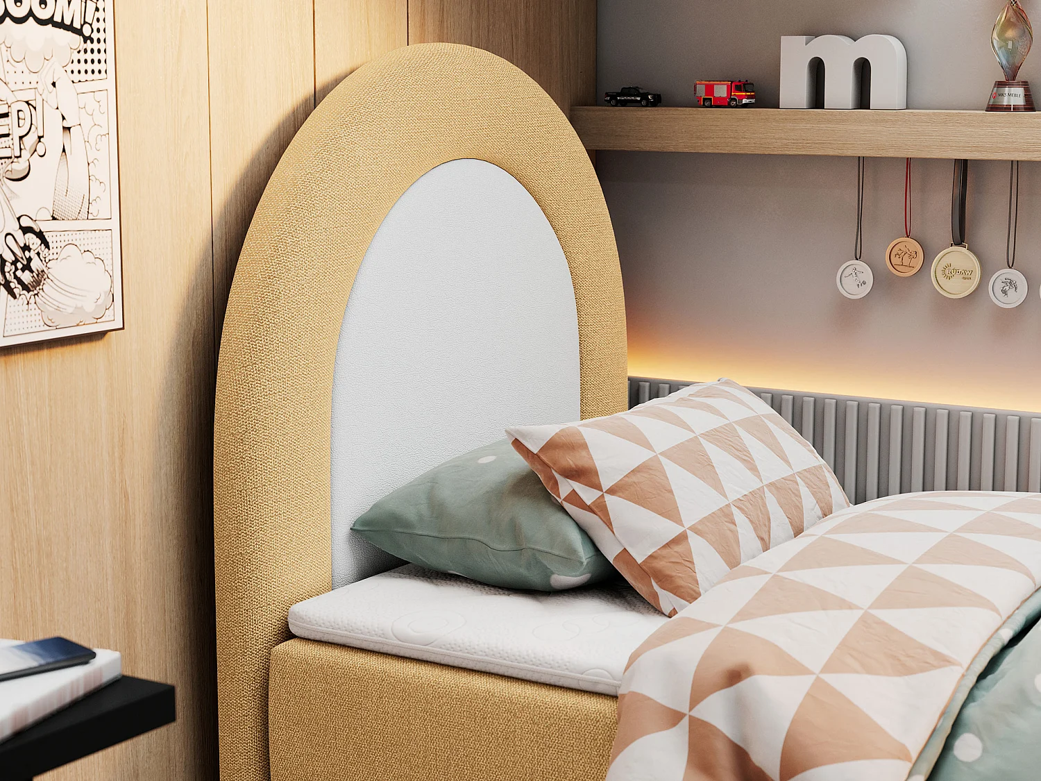 Kinderbett NEST - Boxspringbett für Kinder, mit hohem Kopfteil, Einzelbett mit Stauraum und Matratze - 90x180 cm - Gelb Strukture