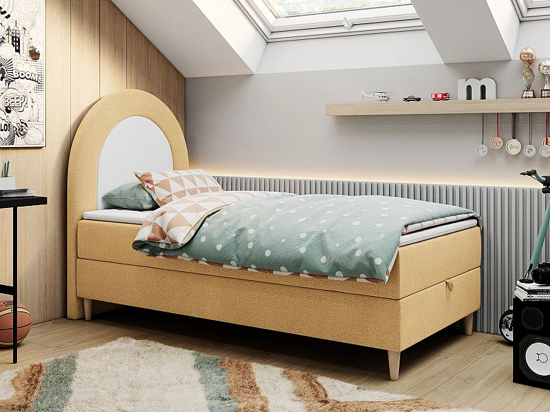 Kinderbett NEST - Boxspringbett für Kinder, mit hohem Kopfteil, Einzelbett mit Stauraum und Matratze - 90x180 cm - Gelb Strukture