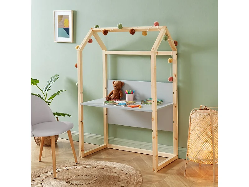 Bureau enfant cabane TINY gris et pin massif évolutif