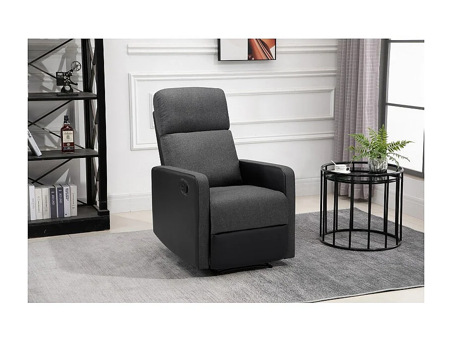 Fauteuil relax small LOVA en PU noir et tissu gris foncé