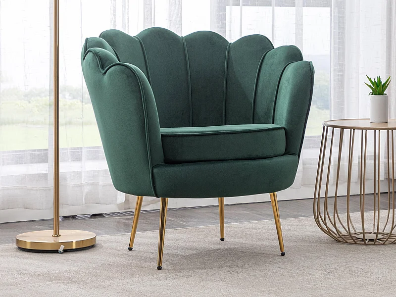 Fauteuil coquillage en velours vert sapin DANDELION de Pascal Morabito