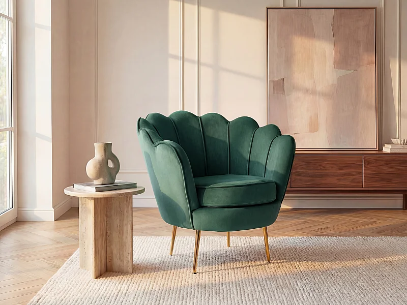 Fauteuil coquillage en velours vert sapin DANDELION