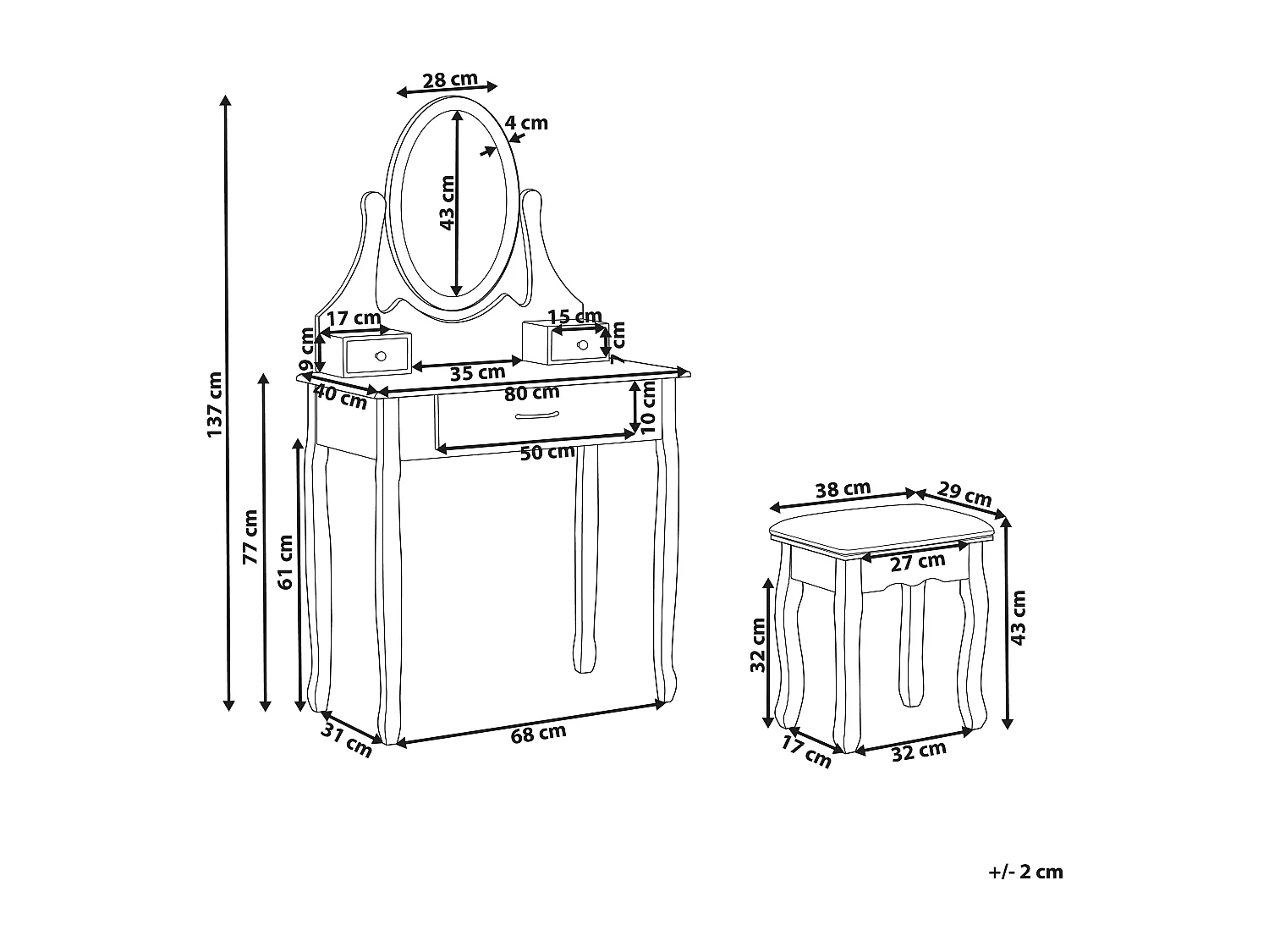 Schminktisch mit ovalem Spiegel Hocker 3 Schubladen weiß ASTRE