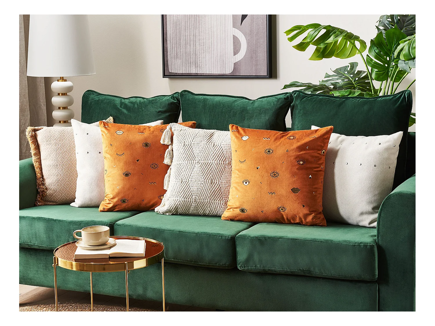Dekokissen mit Füllung 2er Set Samt orange Augen Lippen Muster 45x45 cm Aeonium
