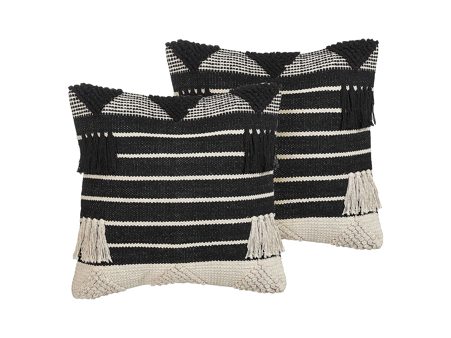 Dekokissen 2er Set beige/schwarz mit Fransen 50x50 cm geometrisch Chittoor