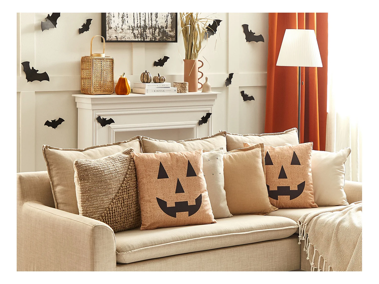 Dekokissen mit Füllung 2er Set Samt beige Halloween Kürbis-Motiv 45x45 cm Sebes