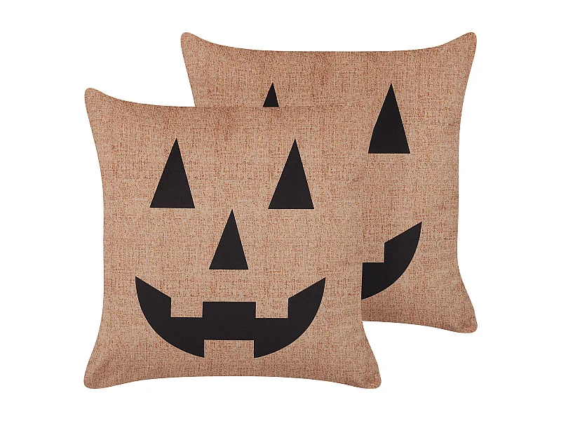 Dekokissen mit Füllung 2er Set Samt beige Halloween Kürbis-Motiv 45x45 cm Sebes
