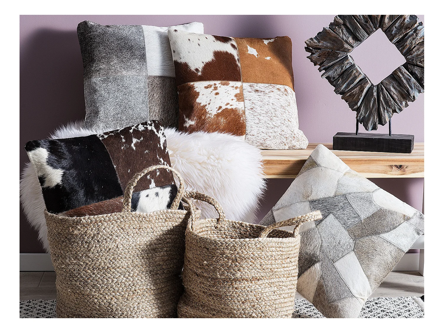 Zestaw 2 poduszek dekoracyjnych NELLAD Skóra naturalna 45 x 45 cm Szary Patchwork