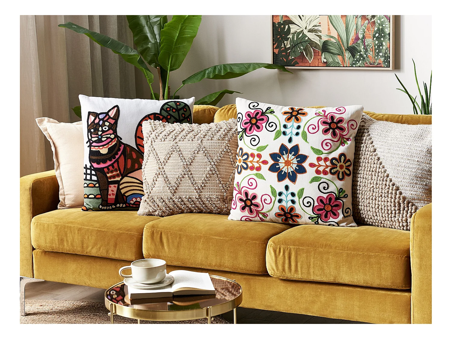 Dekokissen Baumwolle Wolle mit Stickerei Blumenmuster bunt 50 x 50 cm Bahraich