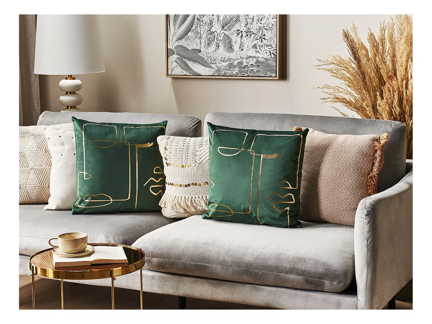 Dekokissen mit Füllung 2er Set Samt grün Gesicht gold 45x45 cm Philodendron