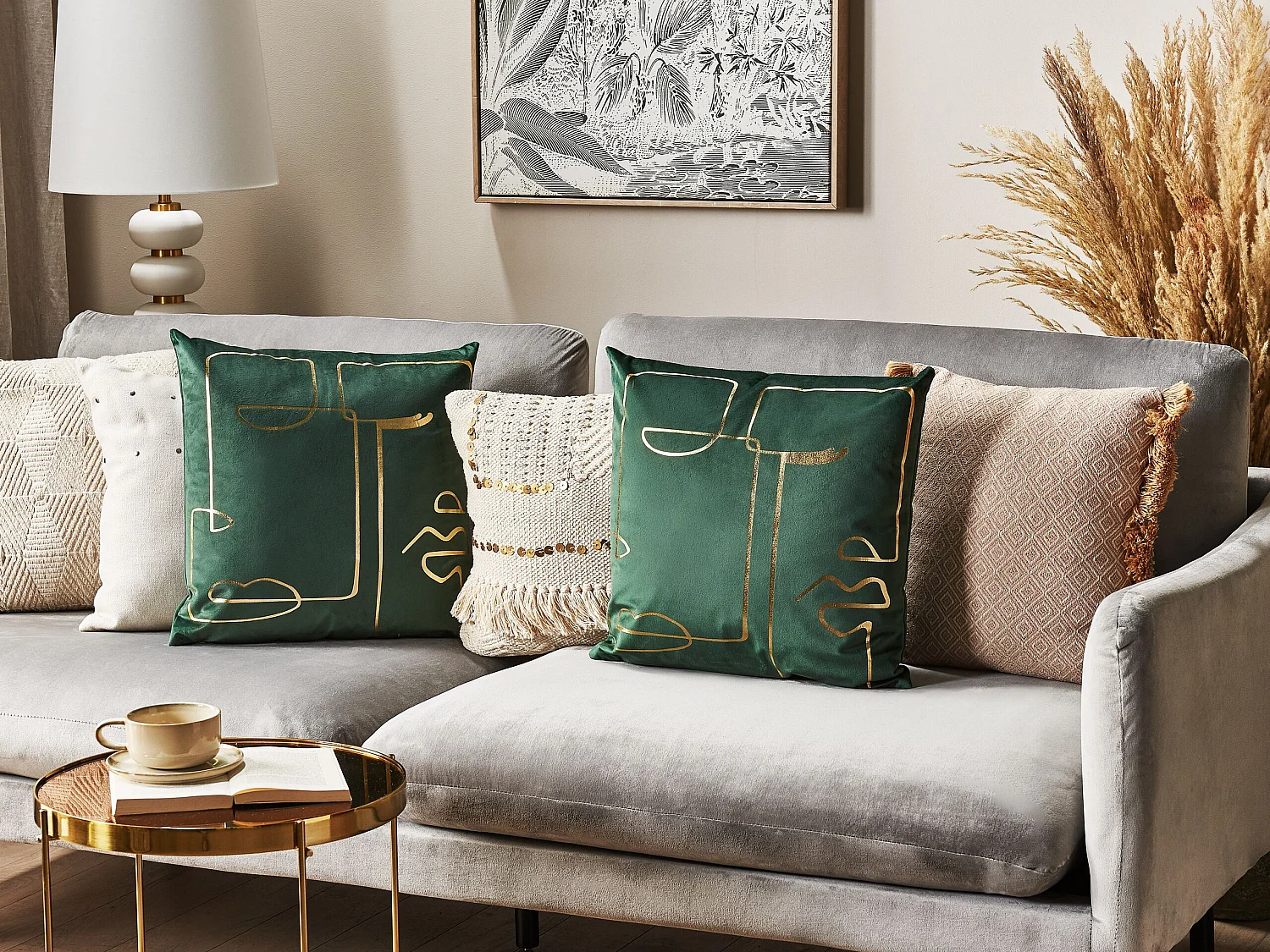 Lot de 2 coussins décoratifs PHILODENDRON Velours 45 x 45 cm Vert émeraude Motif abstrait