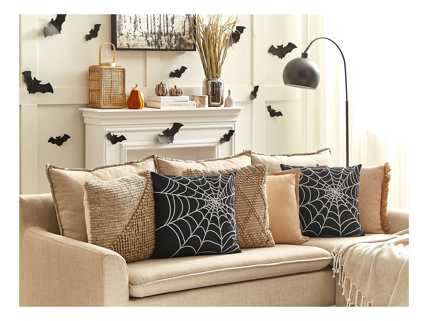 Zierkissen 2er Set schwarz/weiß Samtstoff mit Spinnennetz-Muster 45x45cm Lycoris