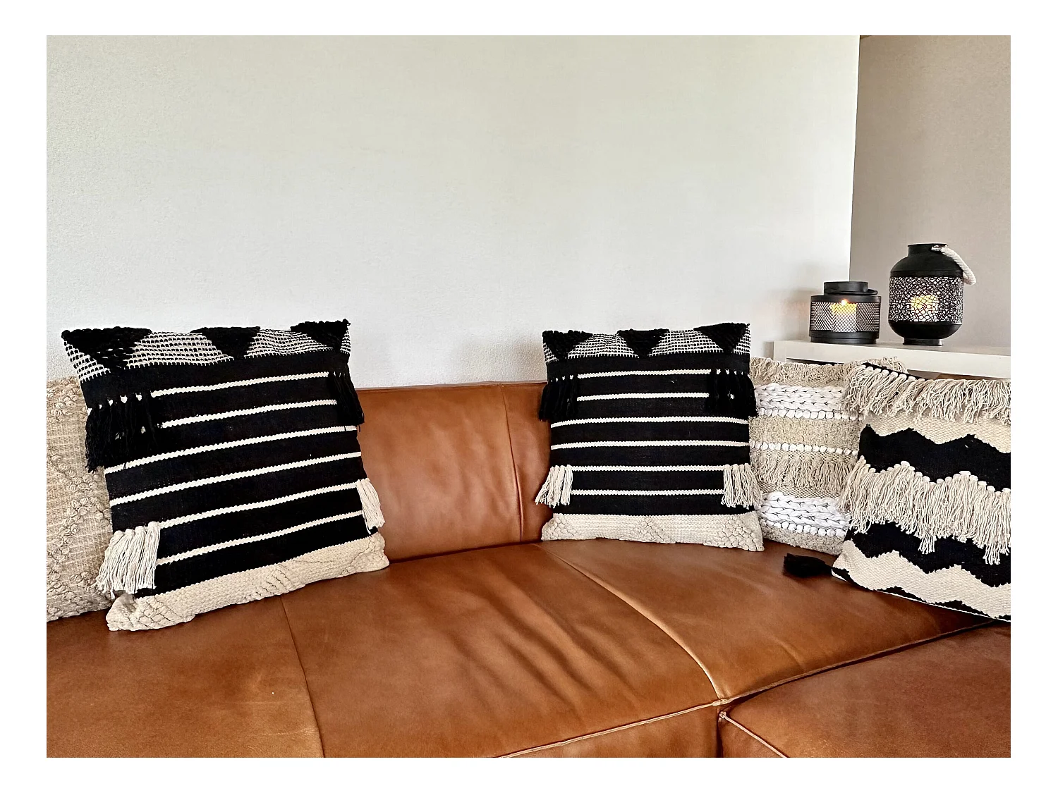 Dekokissen beige/schwarz mit Fransen 50x50 cm strukturiert geometrisch Chittoor