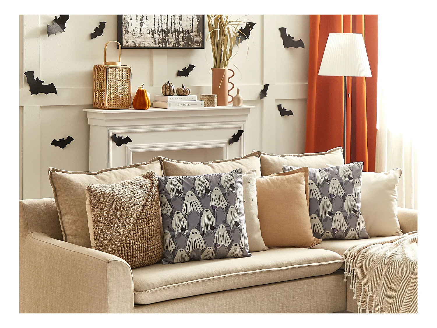 Dekokissen mit Füllung Samt grau Halloween Geist-Motiv 45 x 45 cm Modern Fanate