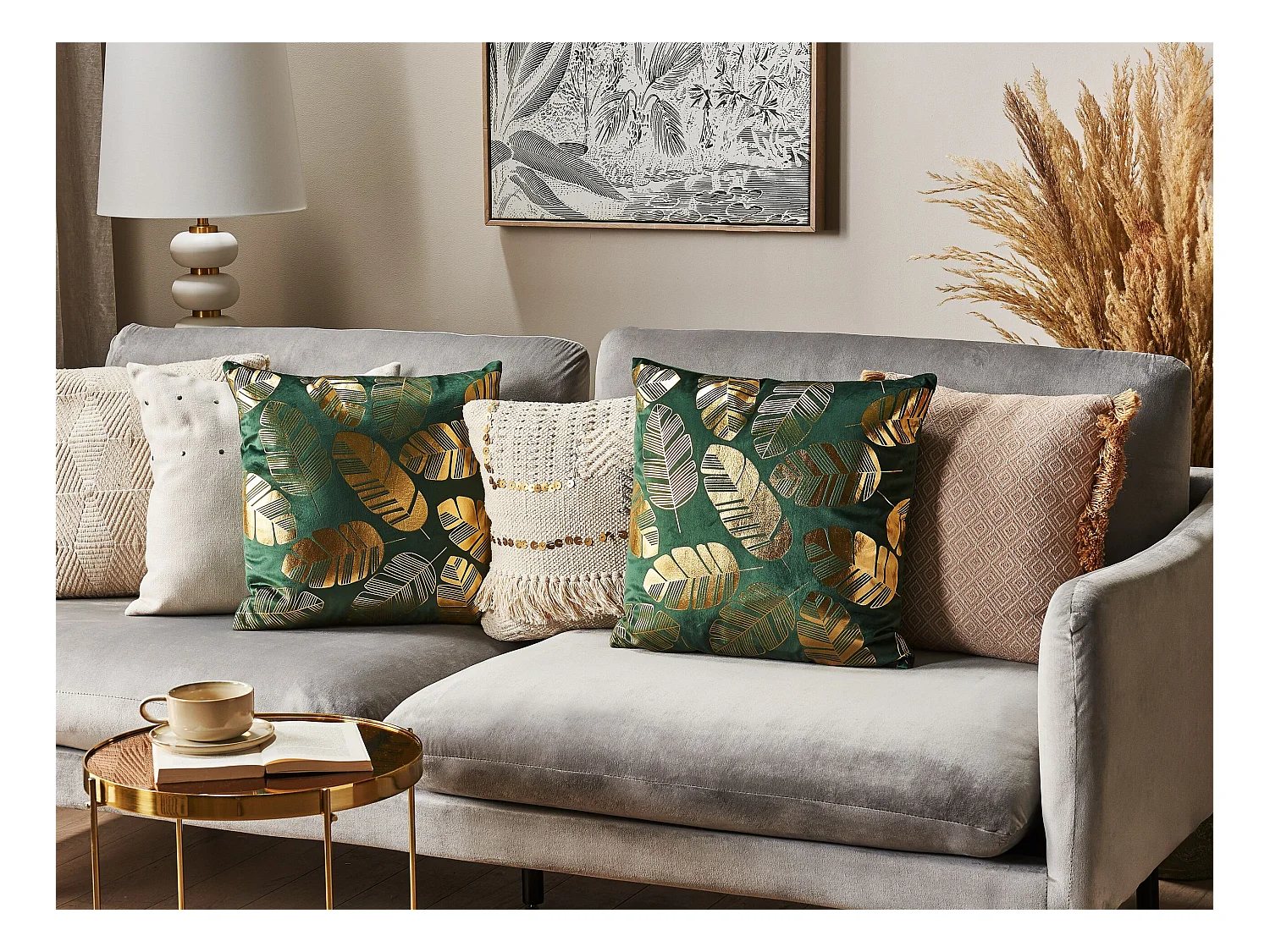 Dekokissen mit Füllung 2er Set Samt grün Blättermotiv gold 45 x 45 cm Sunflower