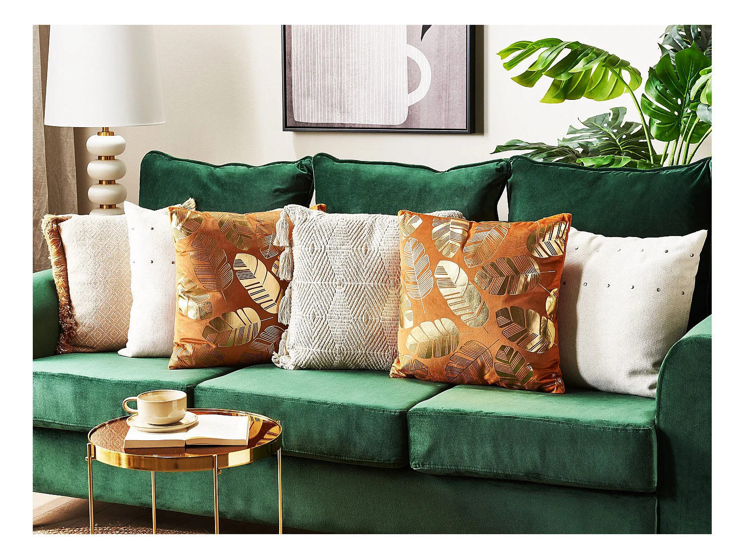 Dekokissen mit Füllung 2er Set Samt orange Blättermotiv gold 45x45 cm Sunflower