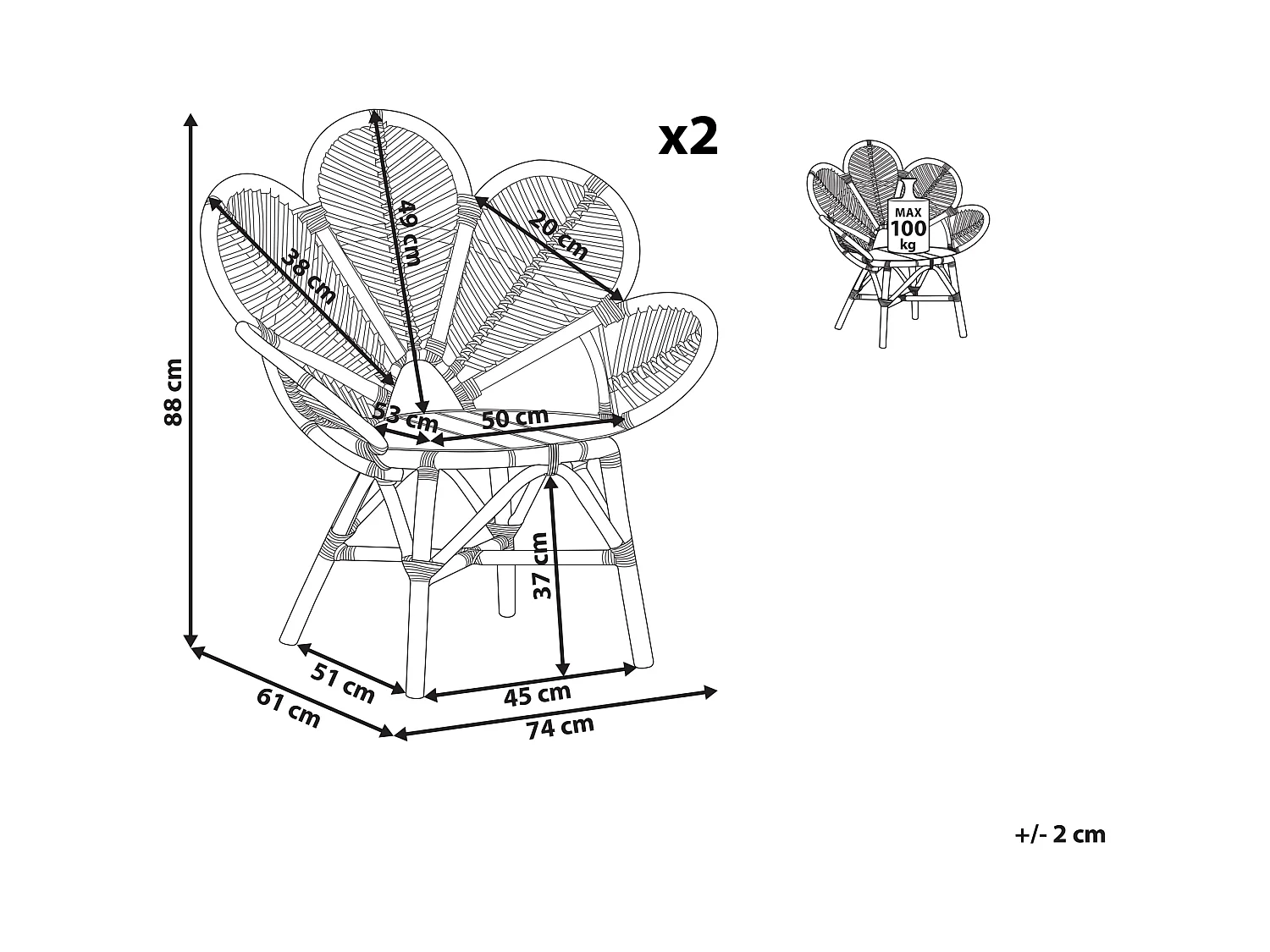 Pfauensessel Rattan natürlich stapelbar 2er Set Boho Rustikal Florentine II