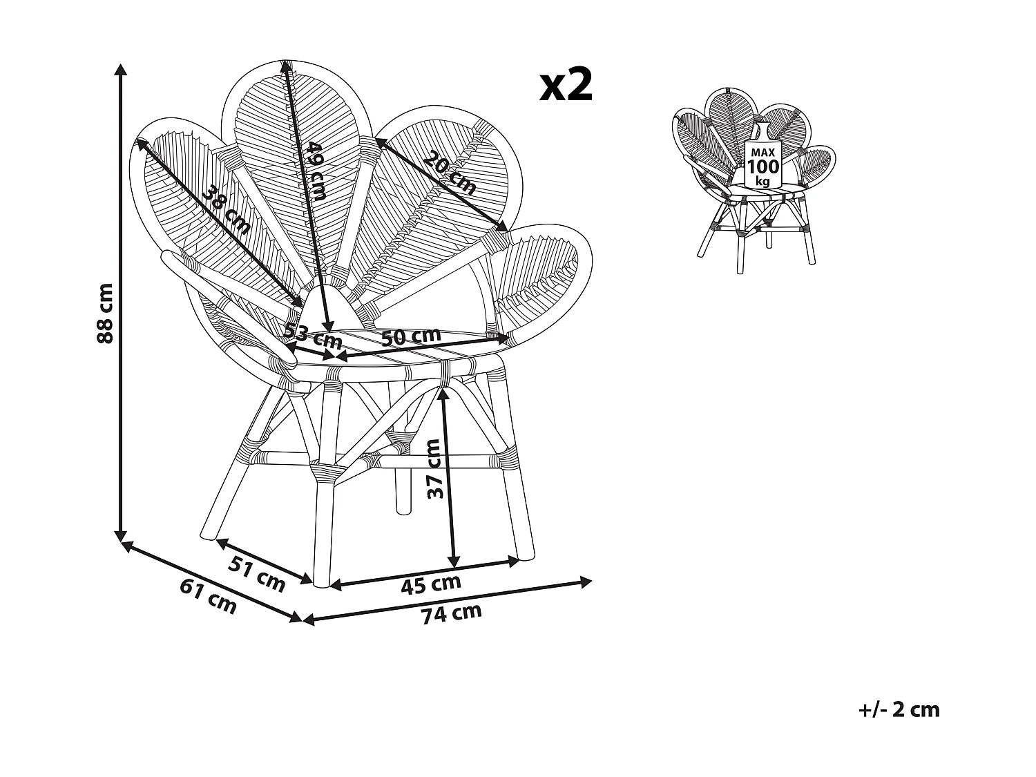 Pfauensessel Rattan natürlich stapelbar 2er Set Boho Rustikal Florentine II