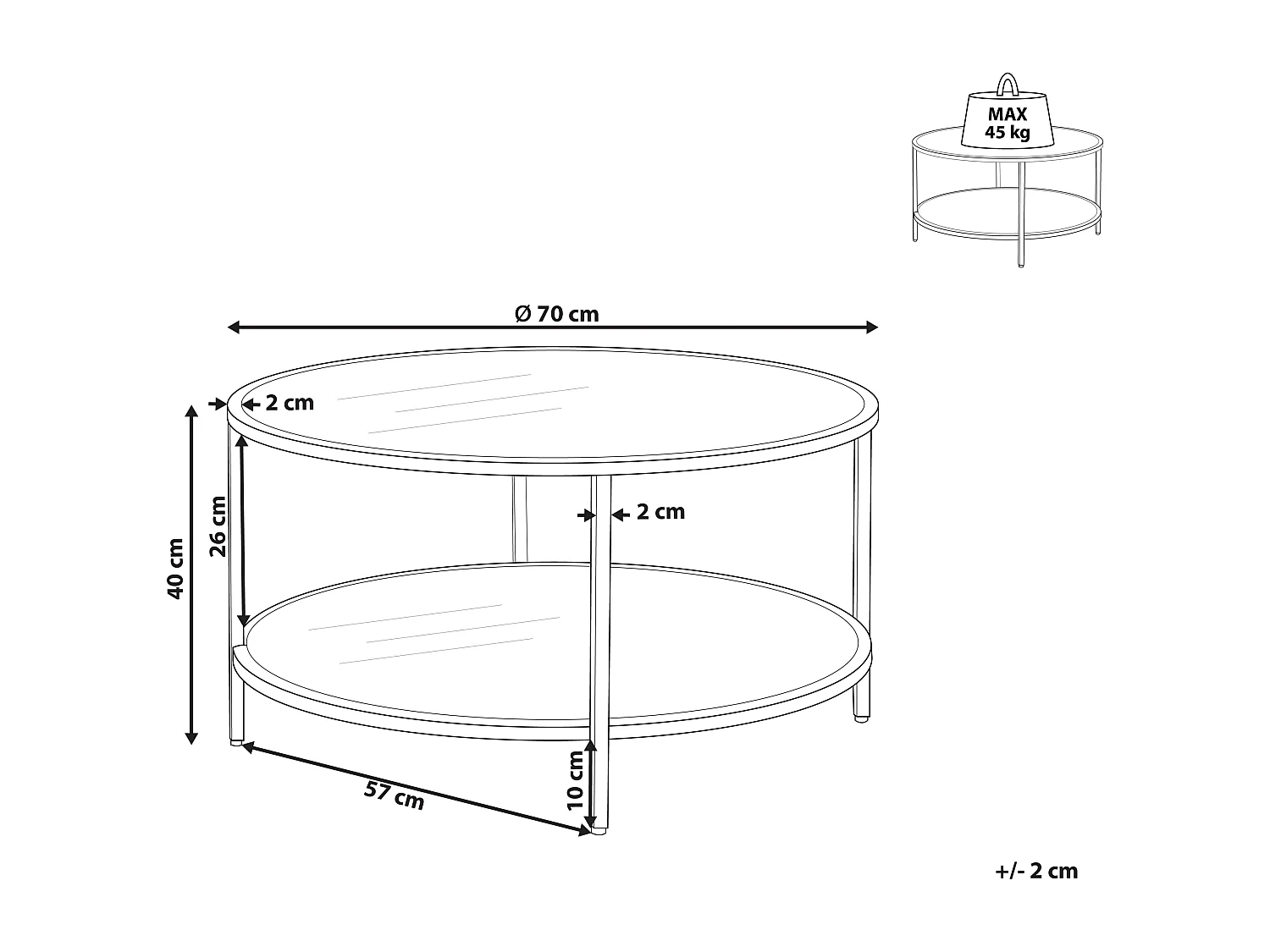 Moderner, runder Couchtisch Hartglas ø 70 cm Eisengestell in Schwarz Birney