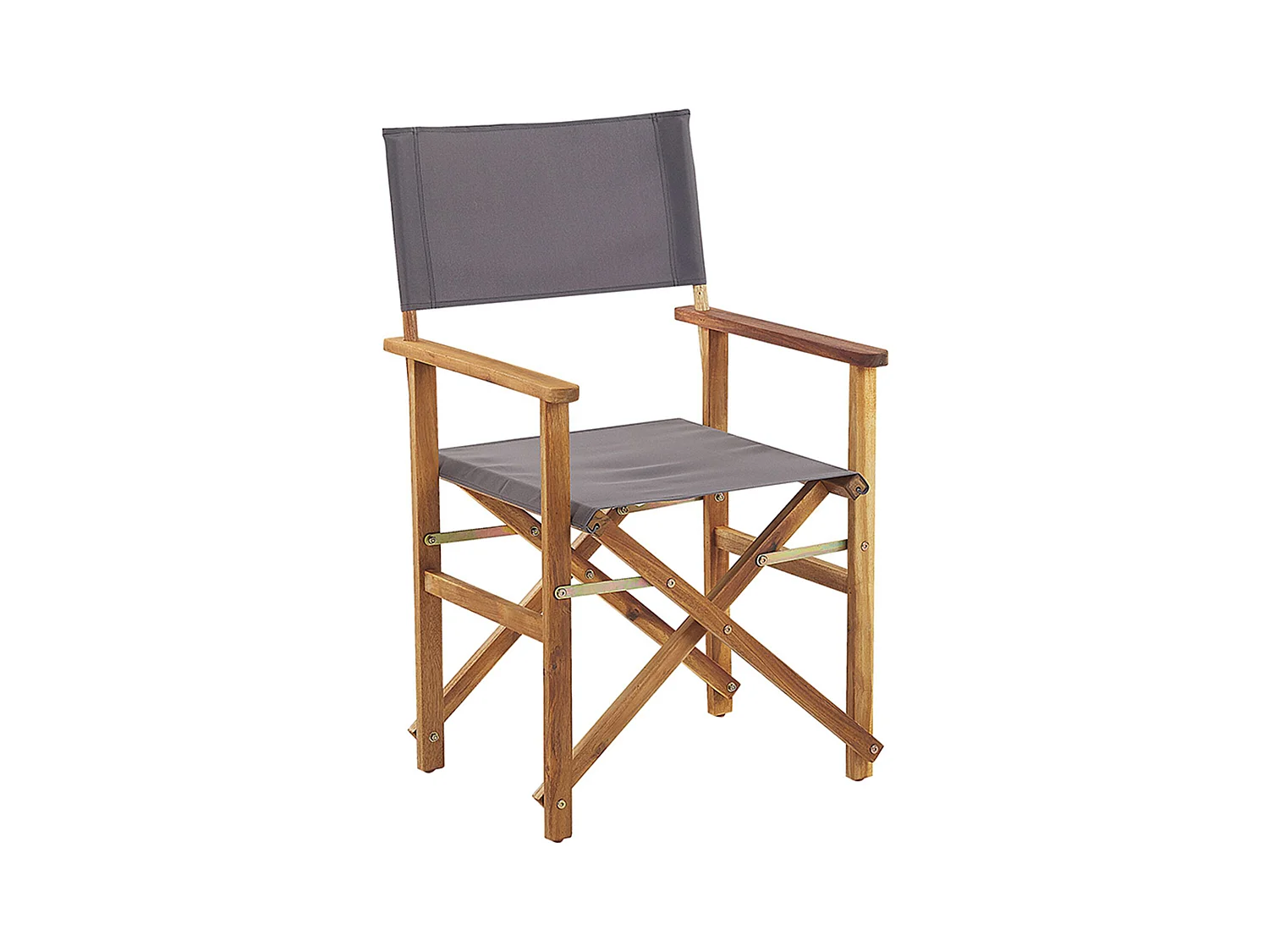 Zwei stylische Regiestühle aus hellem Akazienholz mit grauen Auflagen Cine