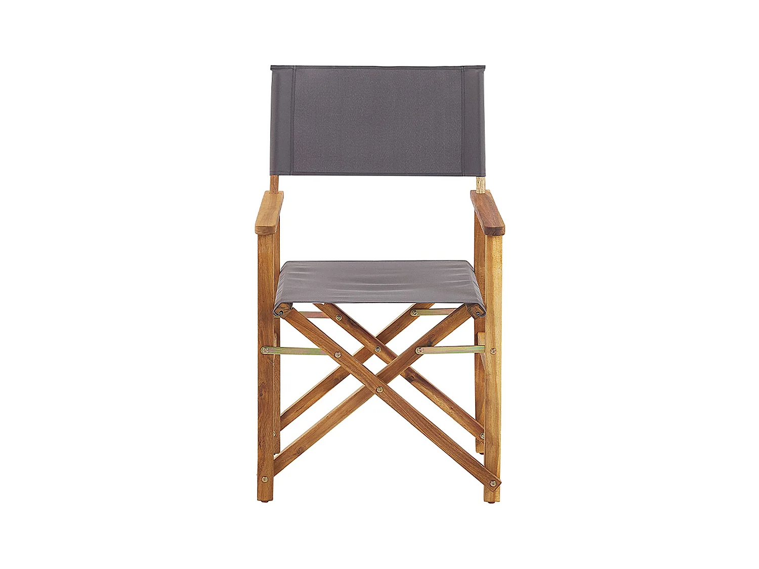 Zwei stylische Regiestühle aus hellem Akazienholz mit grauen Auflagen Cine