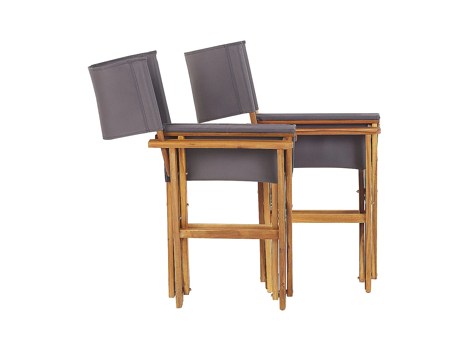 Zwei stylische Regiestühle aus hellem Akazienholz mit grauen Auflagen Cine