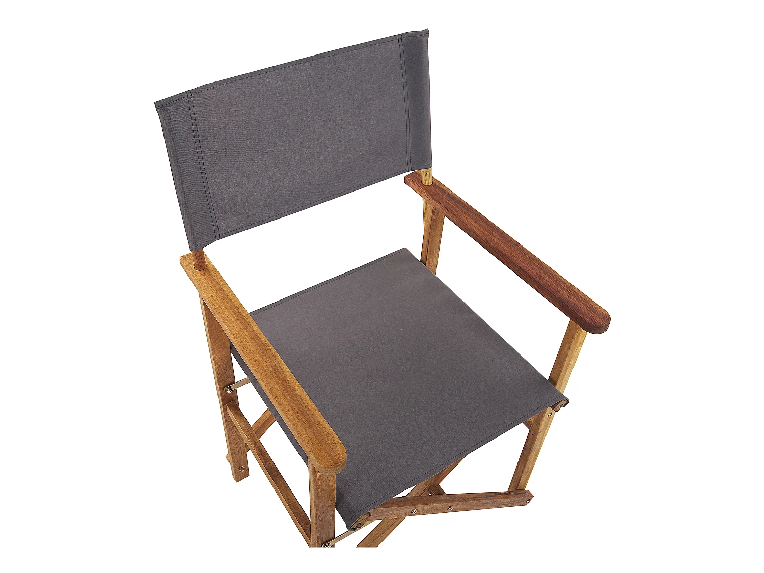 Zwei stylische Regiestühle aus hellem Akazienholz mit grauen Auflagen Cine