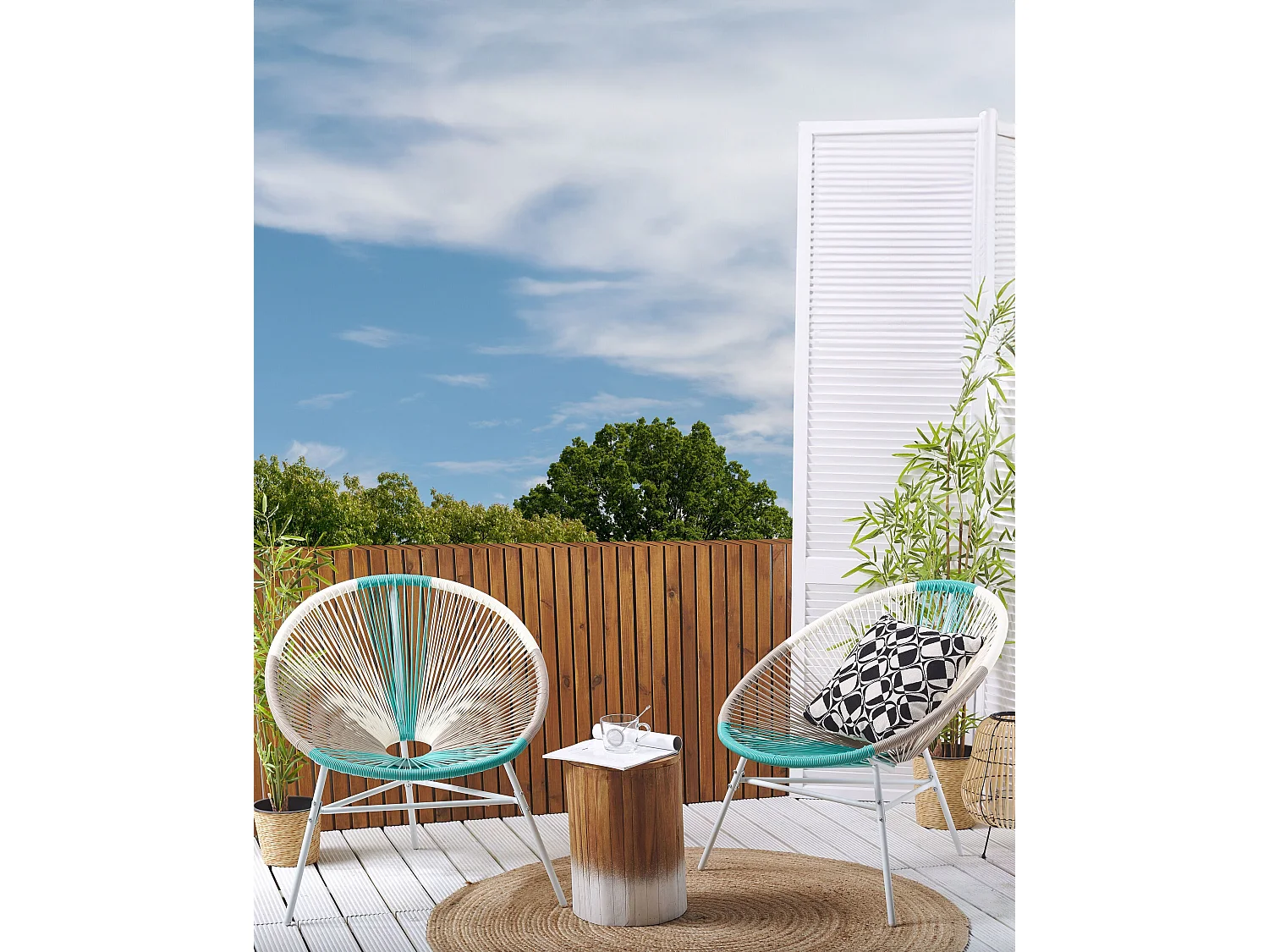 Gartenstuhl mexikanischer Stuhl weiß beige blau 2er Set Rattanstuhl Acapulco