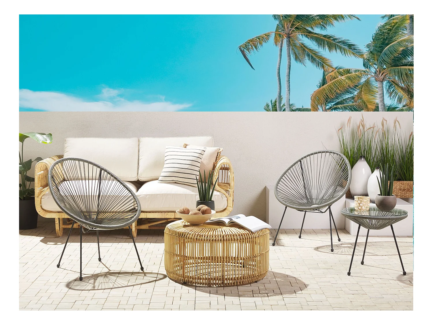 Lustiges Balkonset 2 Stühle Spaghetti-Optik Rattan dunkelgrau Acapulco