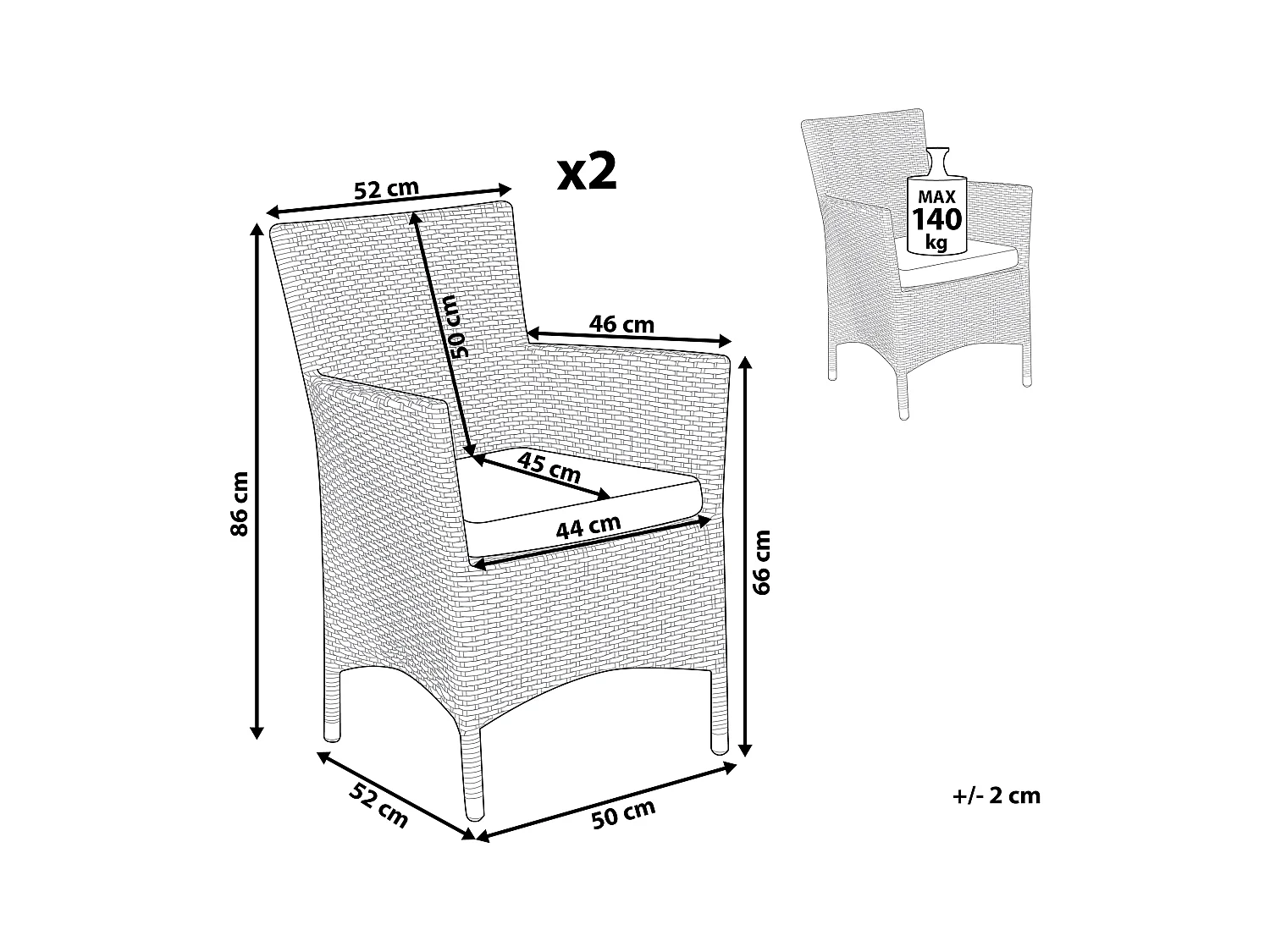 Zestaw 2 krzeseł ogrodowych z poduszkami ITALY Technorattan Biały